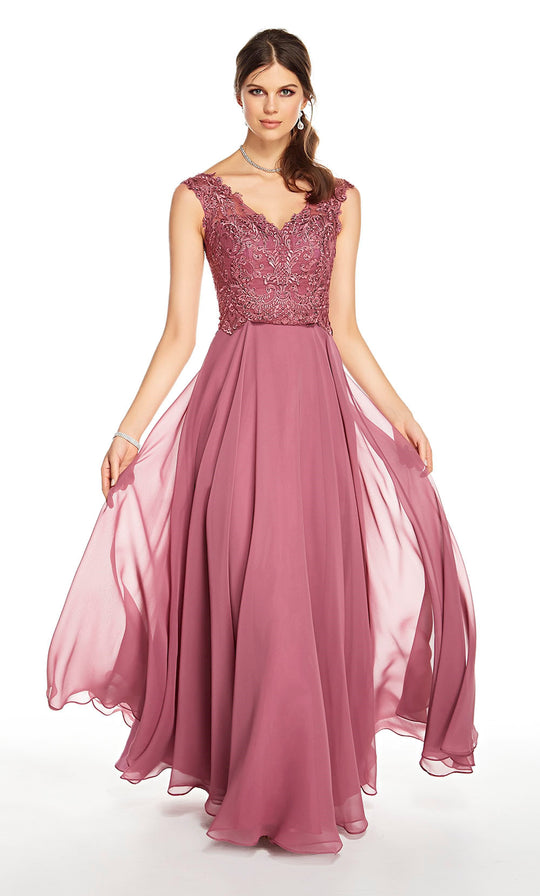 Alyce Paris - 27324 Sleeveless V Neck Lace Appliqued Chiffon Gown In Neutral and Pink