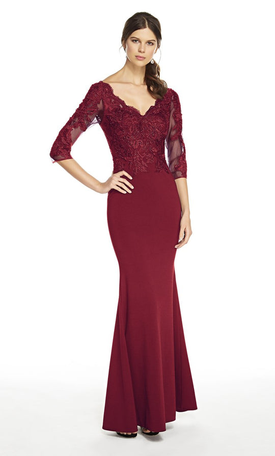 Alyce Paris - 27333 Quarter Sleeve Beaded Lace Jersey Evening Dress In Red