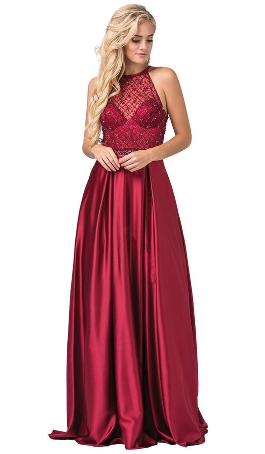 Dancing Queen - 2744 Embellished Halter Pleated A-line Gown In Red