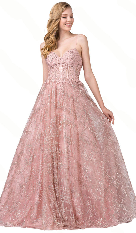 Dancing Queen - 2745 Floral Appliqued Sweetheart Prom Dress In Pink and Gold