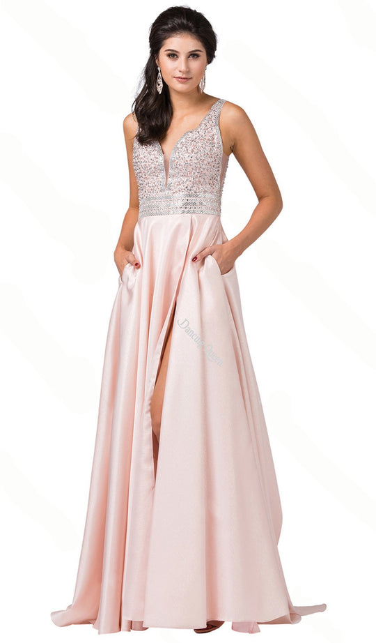 Dancing Queen - 2748 Beaded Plunging V-Neck Prom Dress In Pink