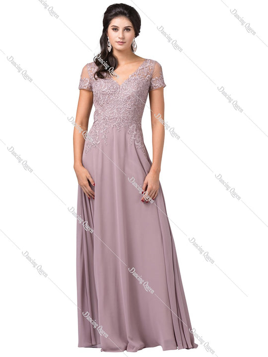 Dancing Queen - 2757 Short Sleeve Jewel Appliqued A-Line Gown In Brown