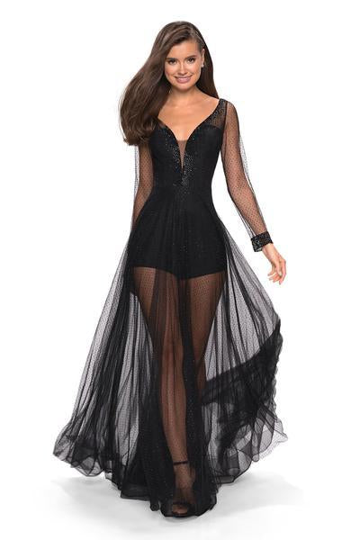 La Femme - Beaded Deep V-neck Long Sleeve Tulle Dress 27652 In Black