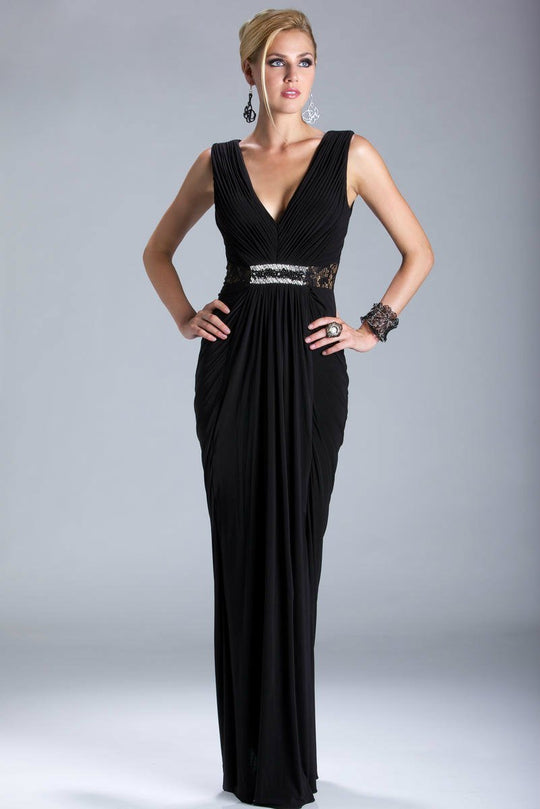 Janique 2776 Adorable Ruched Evening Gown with a Plunging Neckline In Black
