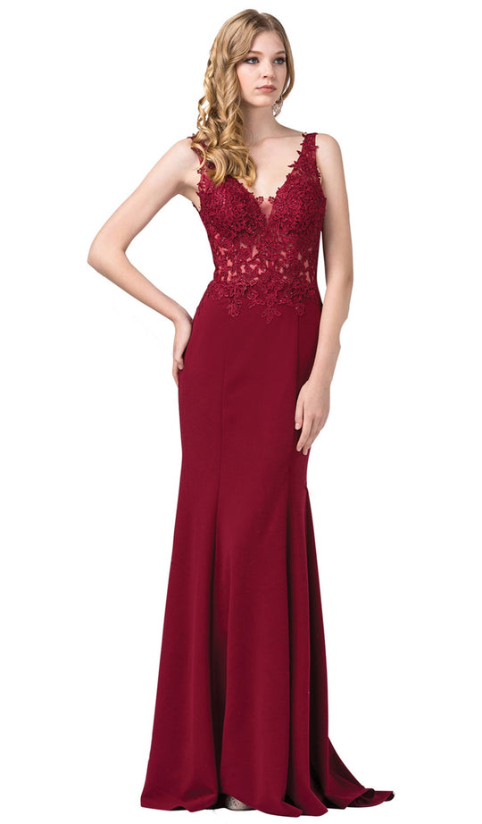 Dancing Queen - 2781 Lace Plunging V-neck Trumpet Dress In Red