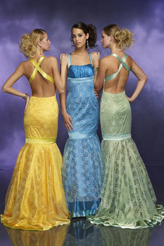 Tiffany Homecoming - 2786 Satin Ribbon Accented Lace Gown In Yellow and Blue