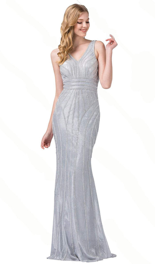 Dancing Queen - 2791 V-Neck Fitted Sheath Prom Dress In Silver