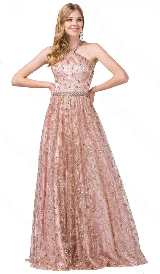 Dancing Queen - 2793 Embellished Halter Prom Dress In Pink and Gold