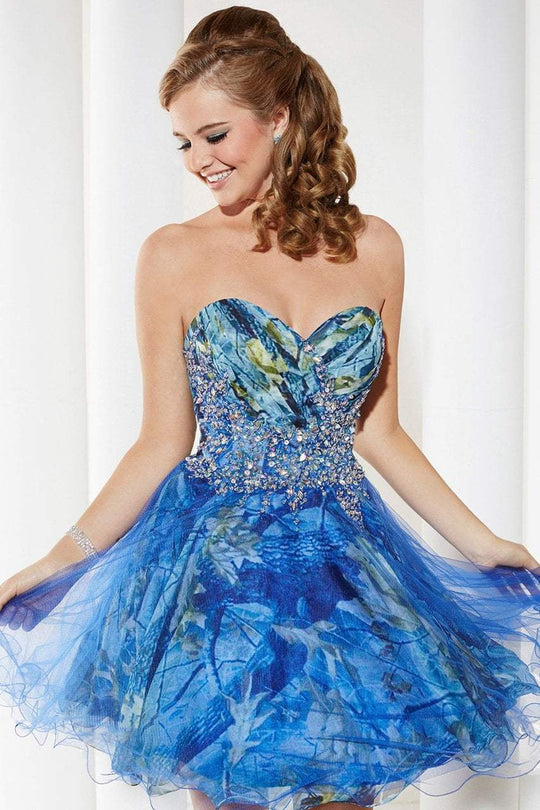 Tiffany Homecoming - 27935 Pleated Camo Printed Cocktail Dress In Blue and Print