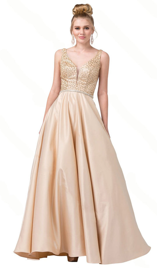 Dancing Queen - 2805 Plunging V-Neck A-Line Prom Gown In Neutral