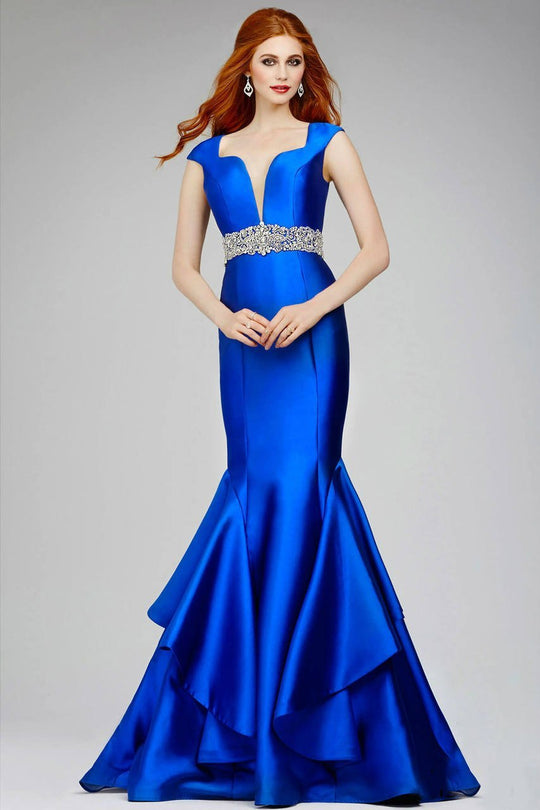 Jeweled V-Neck Mikado Mermaid Dress 28124