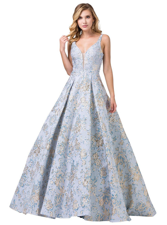 Dancing Queen - 2815 Deep V-neck Pleated Ballgown In Blue and Multi-Color