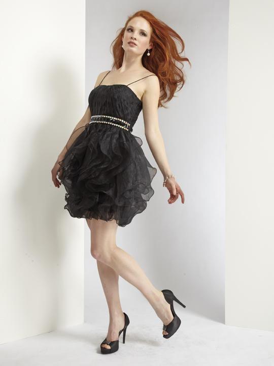 Janique 2816009 - Spaghetti Strap Ruffled Little Black Dress in Black