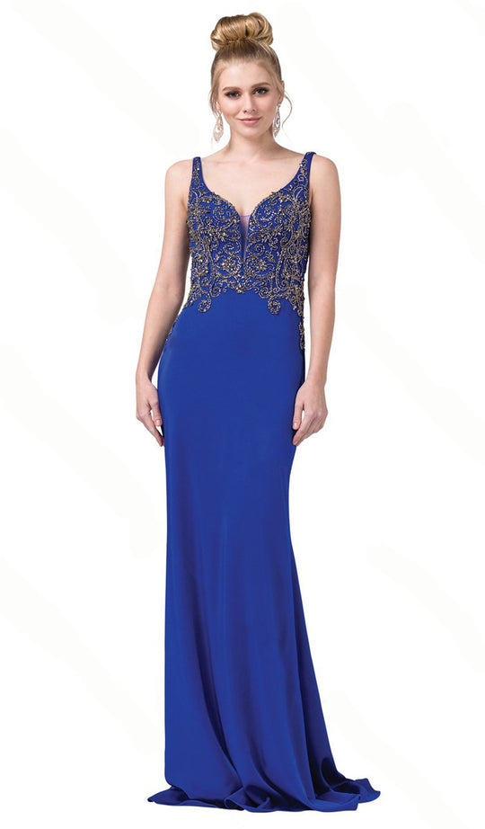Dancing Queen - 2819 Bead Embellished Plunging Prom Dress in Blue