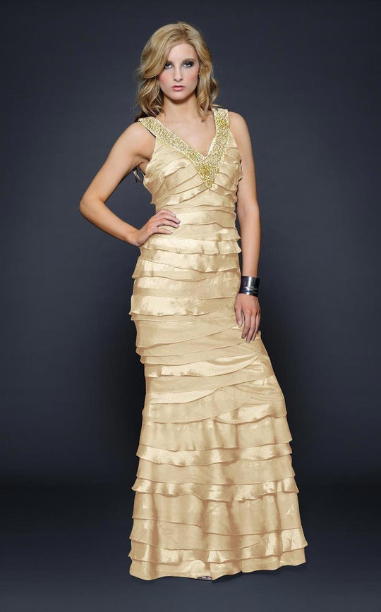 Lara Dresses - Embellished V-Neck Sheath Gown 21471 in Gold