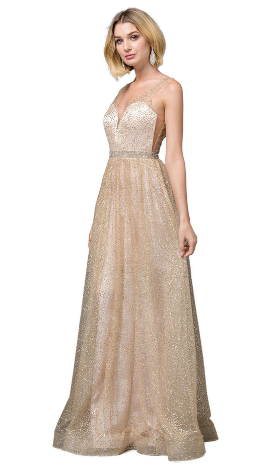 Dancing Queen - 2834 Plunging V-Neck A-Line Evening Gown In Gold