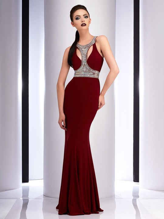 Clarisse - 2839 Bedazzled Halter Sheath Dress in Red