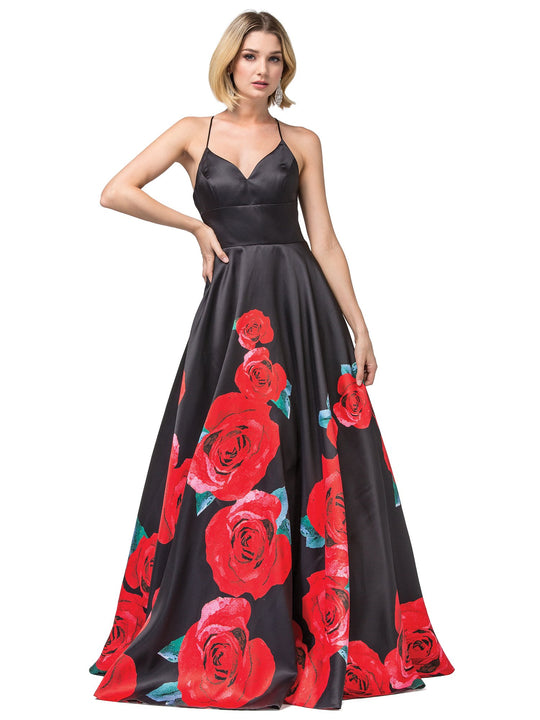 Dancing Queen - 2843 Floral V-Neck Pleated Ballgown In Black and Red