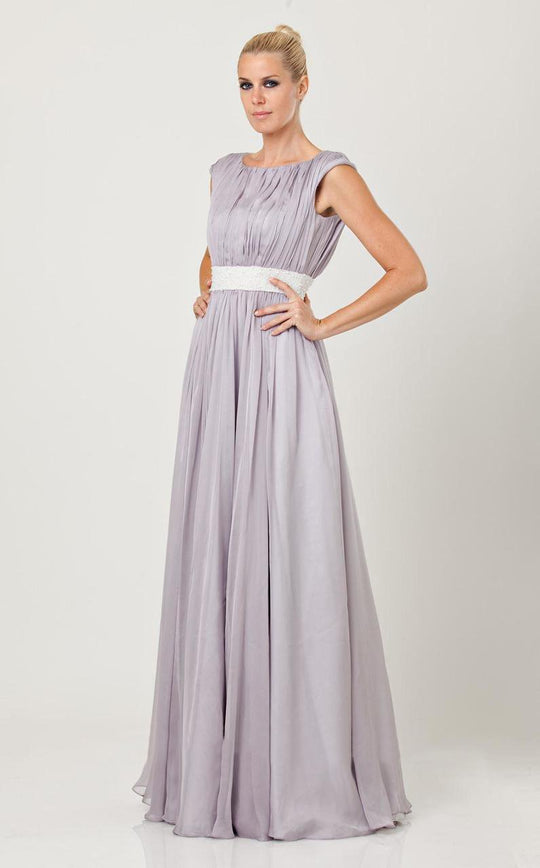 JS Collection - 862451 Cap Sleeve Vertical Ruched Beaded Chiffon Dress in White