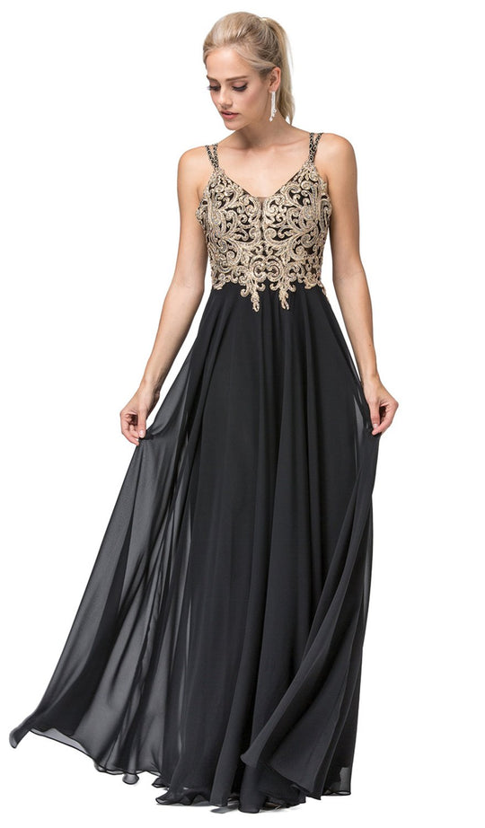 Dancing Queen - 2890 Embroidered Plunging V-neck A-line Dress in Black and Gold