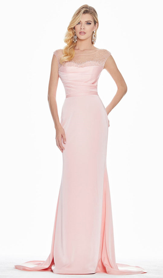 Ashley Lauren - 1524 Pearl Beaded Bateau Trumpet Dress In Trumpet in Pink