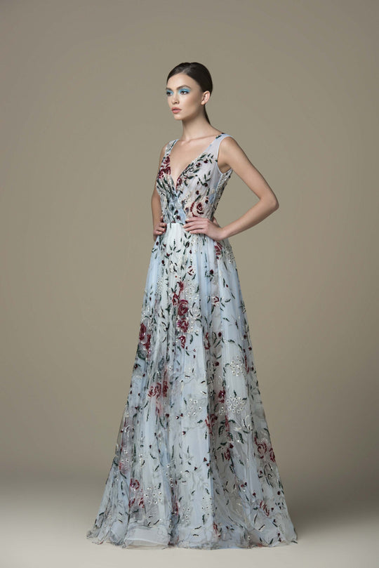 Saiid Kobeisy - RTWSS19-28 Bedazzled Plunging V-neck A-line Dress In Blue