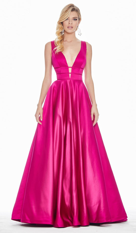 Ashley Lauren - 1409 Plunging V-Neck Satin A-Line Gown In Pink