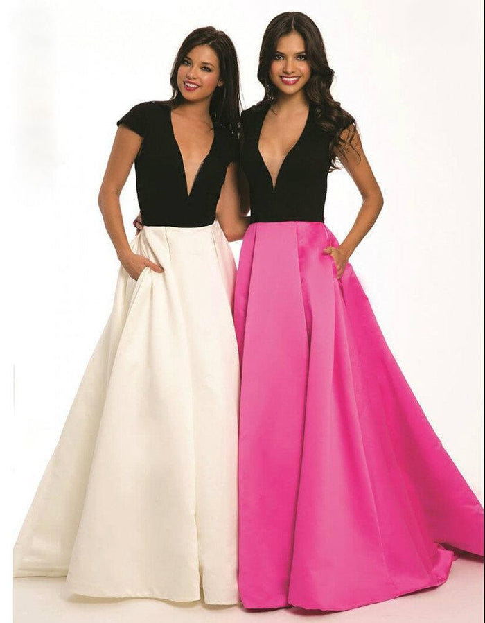 Jovani - Illusion Plunging V -Neck Open Back A Line Long Dress 23945 In White and Pink