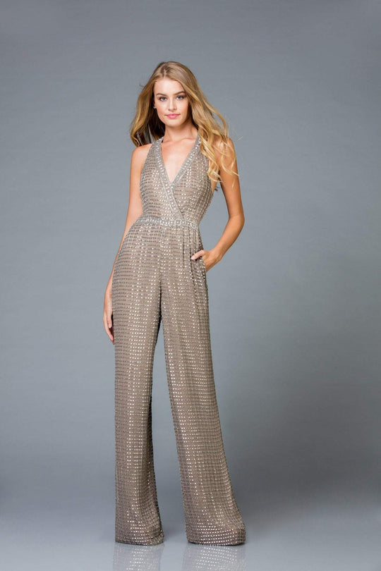 Scala - 48941 Lattice Beaded Plunging Jumpsuit In Gray and Silver