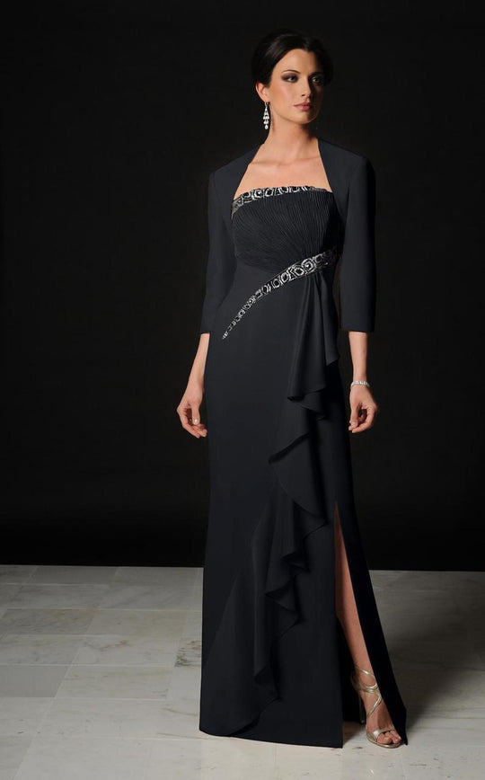 Daymor Couture - Strapless Straight Neckline Gown with Bolero 508 in Black