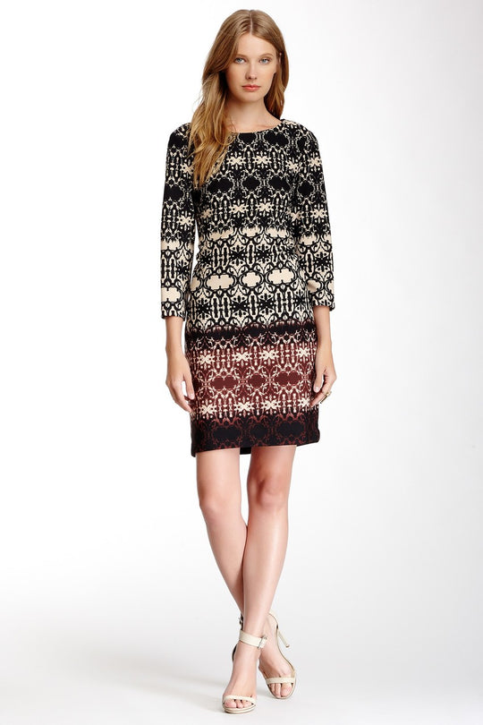 Taylor - Patterned Bateau Neck Dress 5107M in Black and Multi-Color