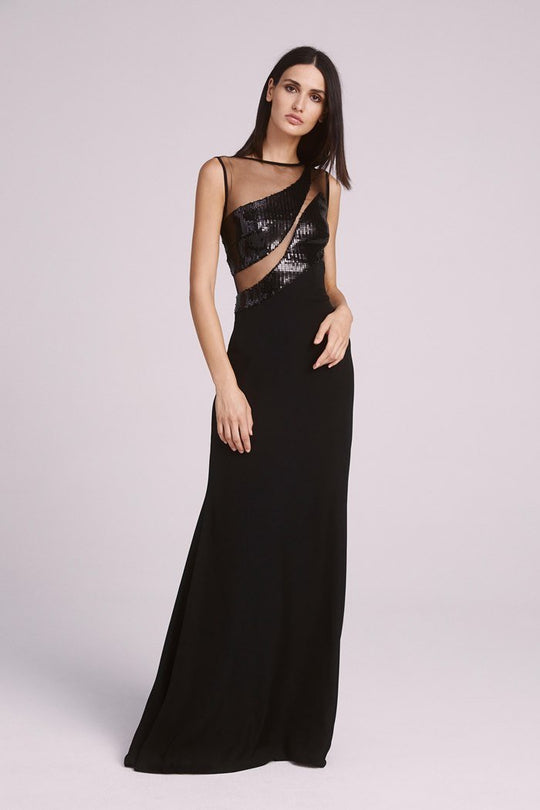 Tadashi Shoji - Illusion Embellished Long Sheath Dress In Black