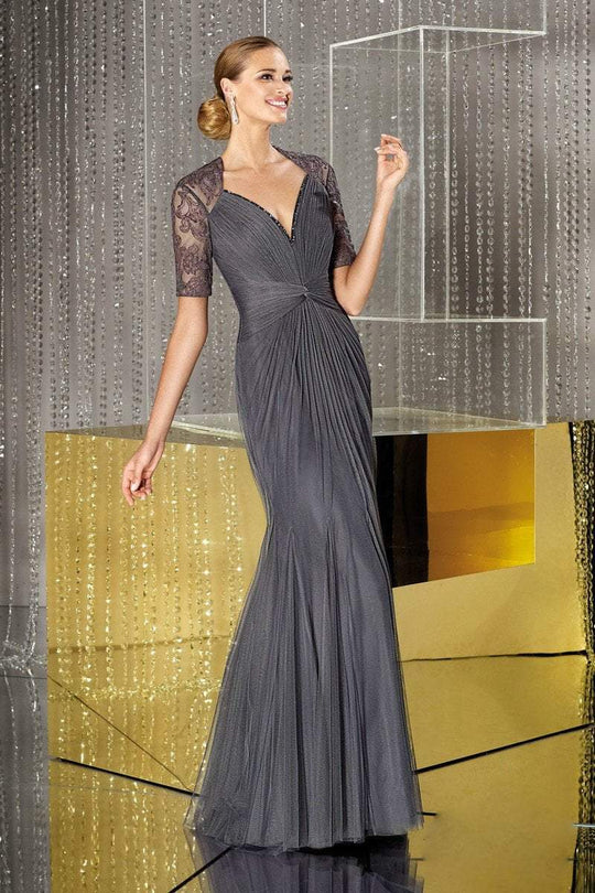 Alyce Paris - Shirred Queen Anne Sheer Long Evening Gown with Embroidered Elbow Length Sleeves 29629 In Gray