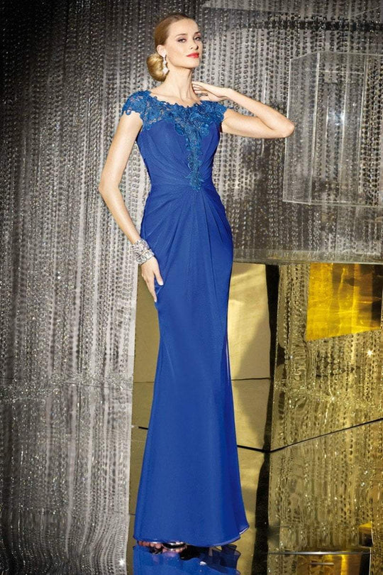 Alyce Paris - Embroidered Bateau Sheath Long Evening Gown with Interwoven Bodice and Capsleeves 29671 In Blue