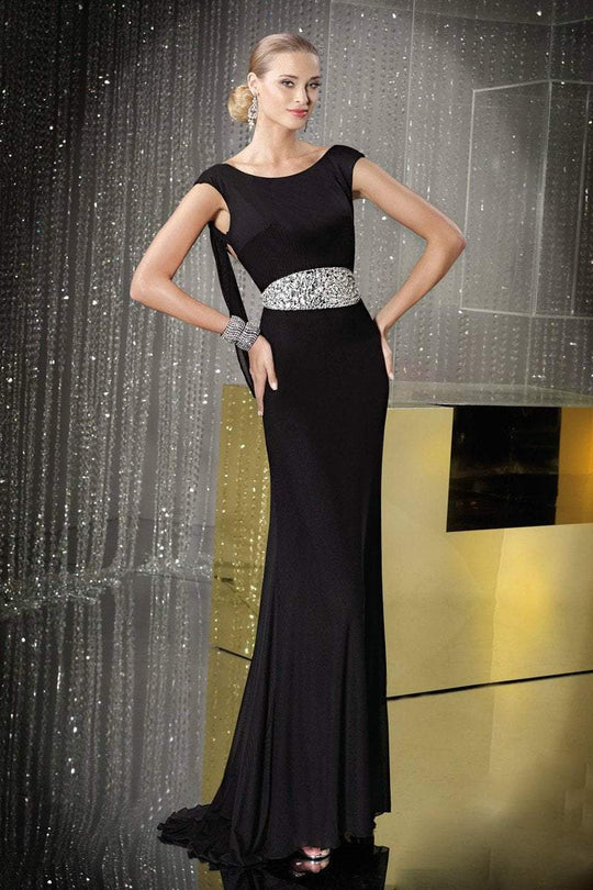 Alyce Paris - Deep Plunge Draped Open Back Long Gown with Crystal Beaded Waist 29688 In Black