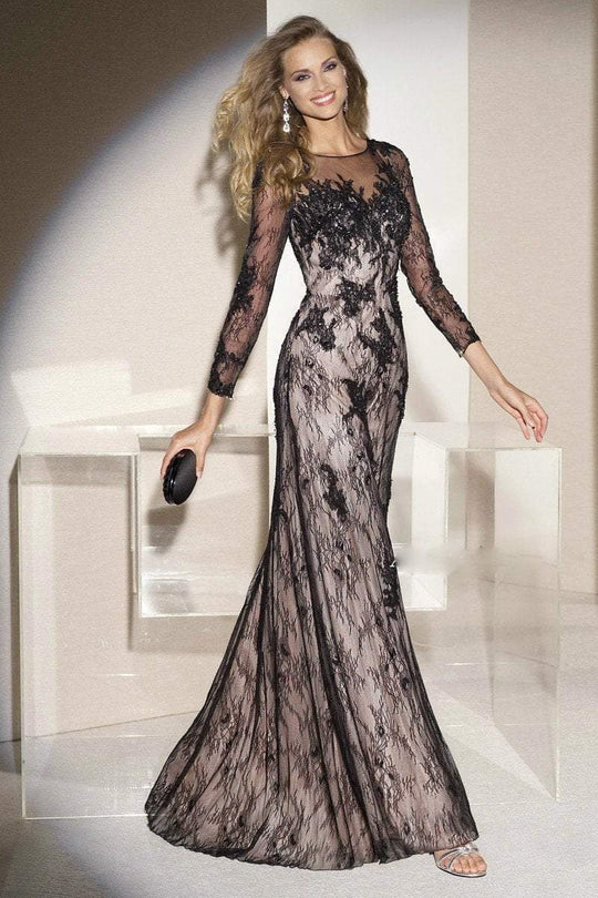 Alyce Paris - 29743 Beaded Lace Illusion Jewel Long Dress in Black and Neutral