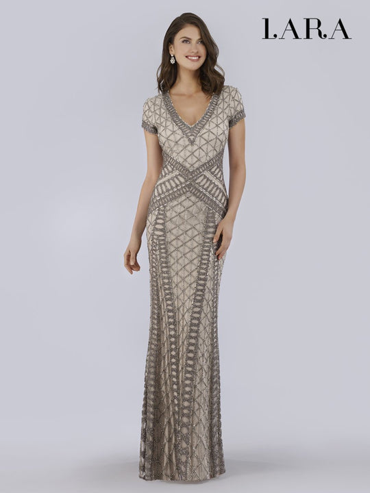 Lara Dresses - 29746 Embellished Plunging V-neck Fitted Dress In Silver
