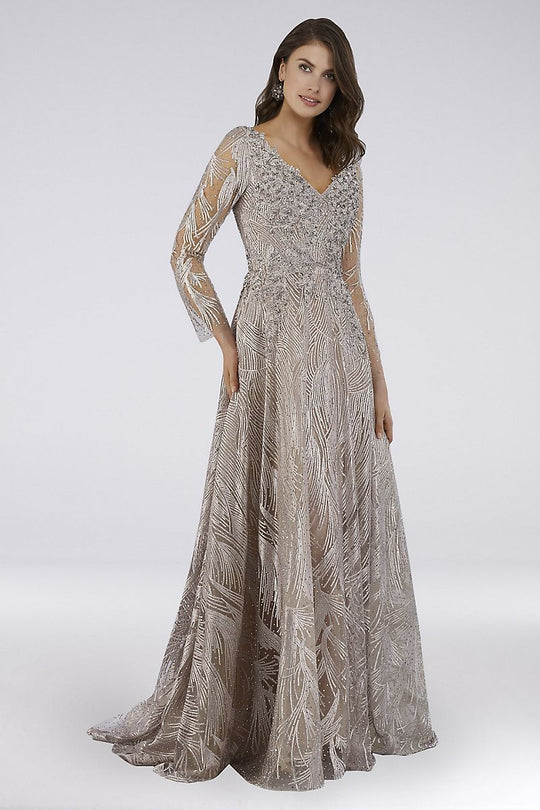 Lara Dresses - 29753 V Neck Long Sleeves Beaded Embroidered Gown In Gray