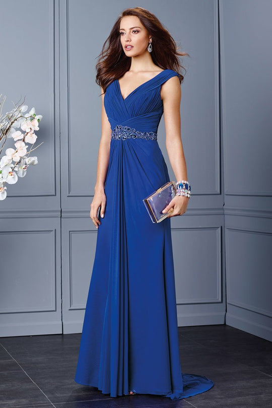 Alyce Paris - 29753 Beaded Ruched V-neck Jersey A-line Dress In Blue