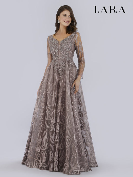 Lara Dresses - 29754 Embellished Long Sleeve A-line Gown In Pink and Brown