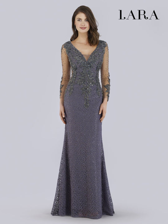 Lara Dresses - 29757 Bead Applique Crusted Long Sleeve Gown In Gray