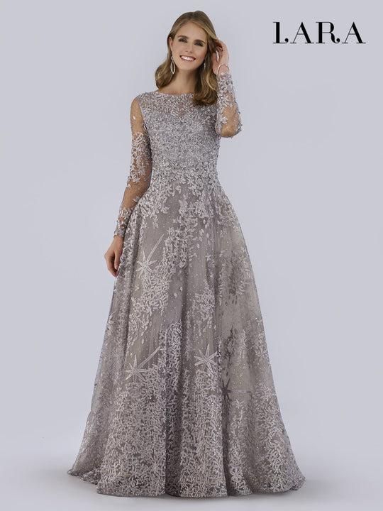 Lara Dresses - 29759 Beaded Foliage Embroidered Illusion A-Line Gown In Gray and Silver