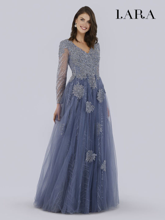 Lara Dresses - 29760 Illusion Long Sleeve Bead Appliqued A-Line Gown In Blue