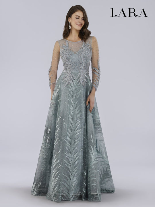 Lara Dresses - 29761 Leaf Motif Embroidered Long Sleeve Gown In Green