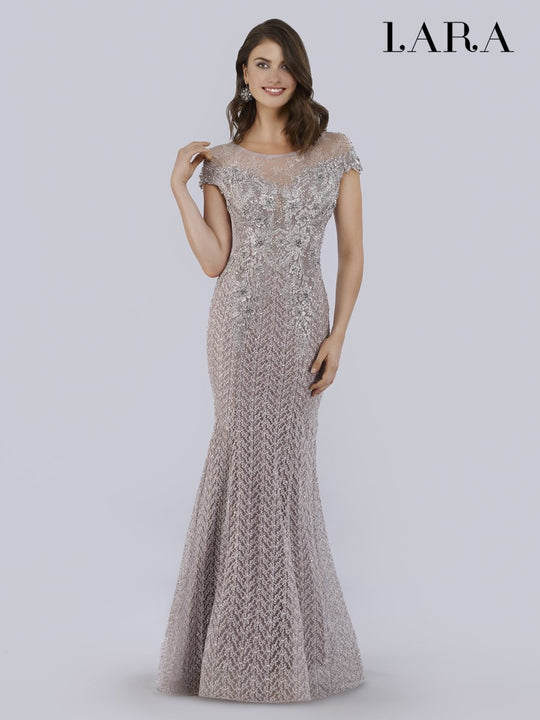Lara Dresses - 29763 Beaded Floral Appliqued Cap Sleeve Mermaid Gown In Gray and Silver