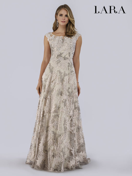 Lara Dresses - 29766 Embroidered Bateau A-line Gown In Silver