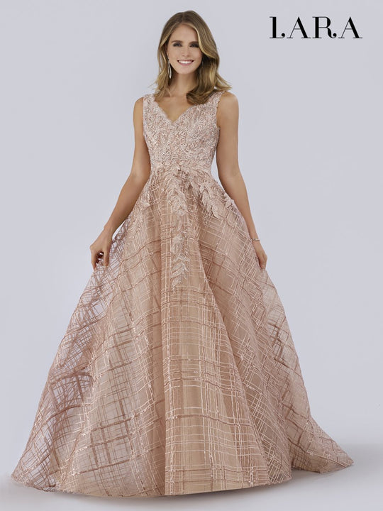 Lara Dresses - 29770 Sleeveless Embroidered V-neck Ballgown In Pink and Gold