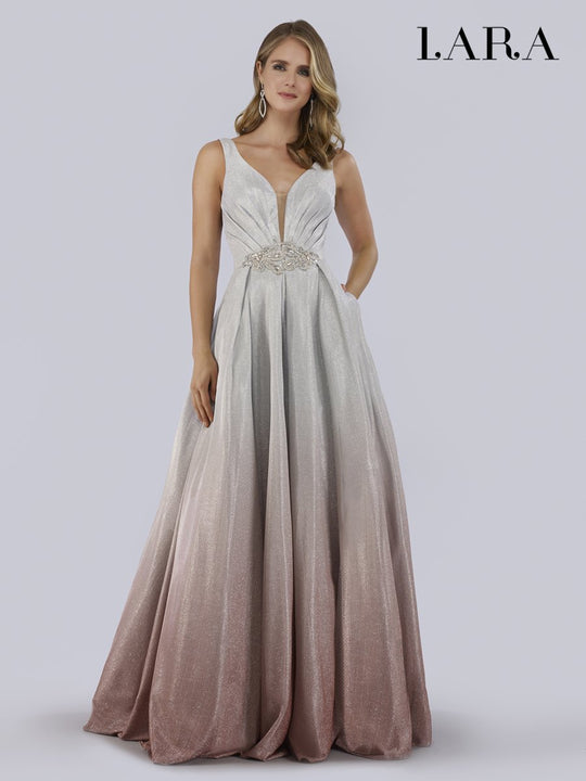 Lara Dresses - 29778 Pleated Plunging V-Neck A-Line Dress In Silver and Pink