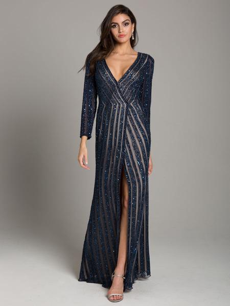 Lara Dresses - 29805 Beaded Long Sleeve Deep V-neck Sheath Dress In Blue and Neutral