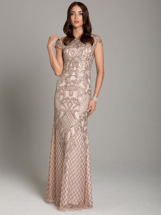 Lara Dresses - 29809 Lattice Beaded Cap Sleeve Sheath Gown In Pink